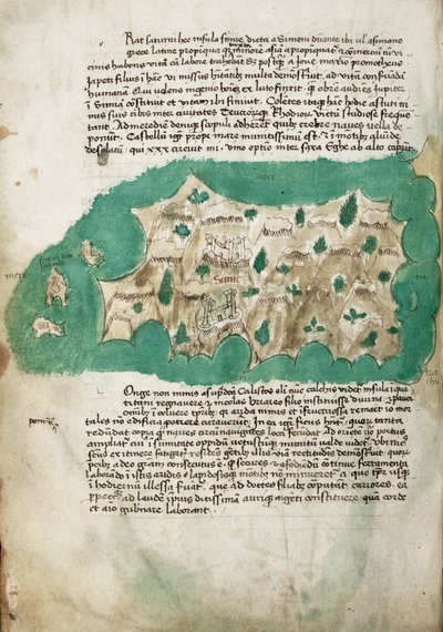 Symi, kartografisk undersökning av den grekiska ön, med handskrivna anteckningar på pergament av Cristoforo Buondelmonti