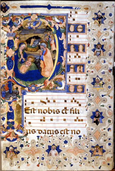 1400-talskör med en miniatyrerad "P"-lettering som representerar Kristoforo Corteses födelse. Början av 1400-talet. av Cristoforo Cortese