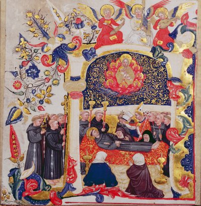 Invånad initial "A" som föreställer den helige Franciskus begravning, ca 1410. av Cristoforo Cortese