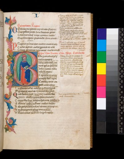 Ms 325. Lucan, Bellum Civile, och andra verk, f.10r. Upplyst initial [B], bebodd av ett författarporträtt i full längd, som sträcker sig in i en partiell bladkant, ca 1400-10 (pergament) av Cristoforo Cortese