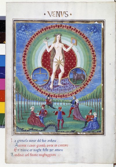 Kom med stjärntecknen balans och tjur. På nedervåningen, de galanta scenerna. Miniatyr gjord av Cristoforo de Predis (v. 1440-v. 1486) - i “” De Sphaera””” d