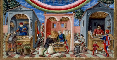 Detalj av köpmän som säljer olika föremål: till vänster en handlare med frukt och grönsaker, i mitten en mjölnare som gjuter säd (miniatyr, cirka 1470) av Cristoforo De Predis