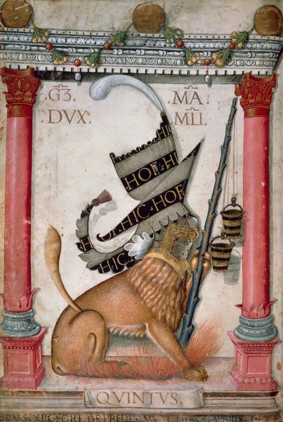 Heraldisk symbol som visar ett vapen med ett lejon, gnistor och hinkar av Galeazzo Maria Sforza, Upplyst sida av Cristoforo de Predis från Nya Testamentets Codex, varia 124, Italien 1475. av Cristoforo De Predis