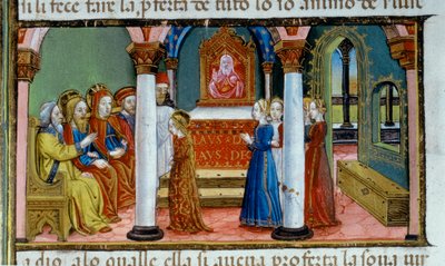 Belysning som visar Maria som avlägger oskuldslöftet, i Codex De Predis av Cristoforo De Predis