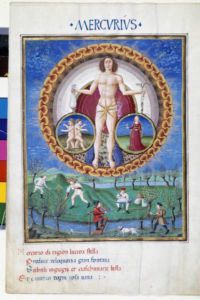 Merkurius med Jungfruns och Gemels zodiakens stjärntecken. På nedervåningen arbetar bönder på fälten. Miniatyr gjord av Cristoforo de Predis (v. 1440-v. 1486) - i “” De Sphaera””” d