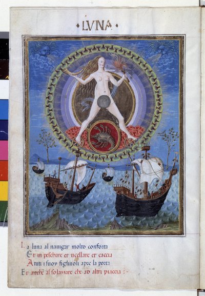 Månen med stjärntecknet på cancer. Nedervåningen, båtar under stigande sto. Miniatyr gjord av Cristoforo de Predis (v. 1440-v. 1486) - i “” De Sphaera””” d