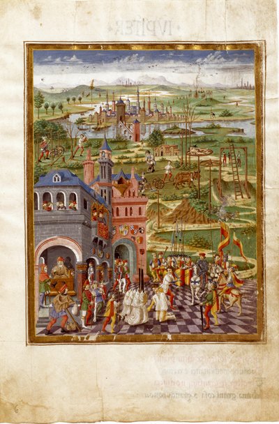 Scen av tortyr och övertygelser i en medeltida stad. Influenser av Saturnus (miniatyr, ca 1470) av Cristoforo De Predis