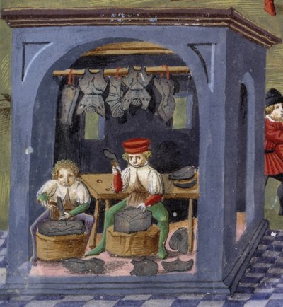 en vapensmed i "" Influence of the moon "": hantverkarna. Miniatyr gjord av Cristoforo de Predis (v. 1440-v. 1486) - i “” De Sphaera””” d