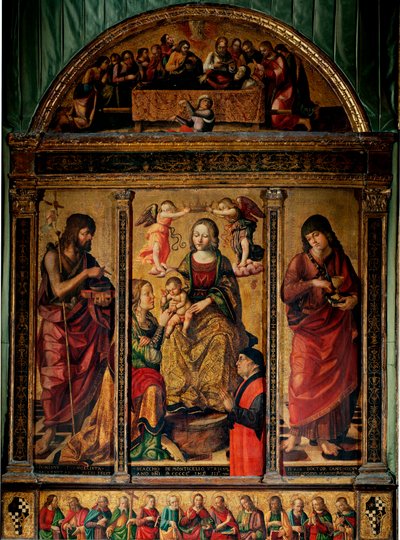 Triptyk av den heliga Katarinas mystiska äktenskap, omgiven av de heliga Johannes Döparen och Johannes evangelisten (Trämålning av Cristoforo Scacco