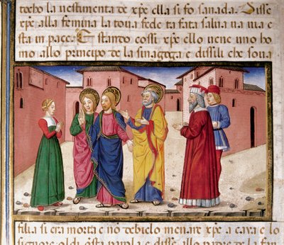Jesus tilltalar kvinnan som är skyldig till äktenskapsbrott Miniatyr av Cristoforo De Predis (1440-1486) efter Nya testamentets historia (fol. 61) av Cristoforo De Predis