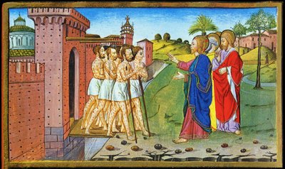 Jesus och de spetälska. Miniatyr av Cristoforo av Predis - i Historia av det nya testamentet av Cristoforo De Predis
