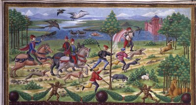 Jaktdetalj i "" Influence of March "": jakt och hov. Miniatyr gjord av Cristoforo de Predis (ca 1440-c. 1486) - i "" De Sphaera "" "d