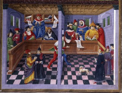 Tribunalen (Il Tribunale) i "" Influence of March "": jakten och tribunalen. Miniatyr gjord av Cristoforo de Predis (ca 1440-c. 1486) - i "" De Sphaera "" "d