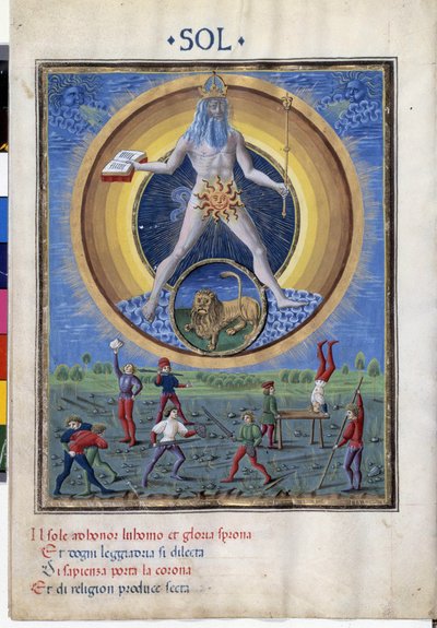 Sol med lejonets stjärntecken. Där nere finns scener av mäns fysiska övningar. Miniatyr gjord av Cristoforo de Predis (v. 1440-v. 1486) - i “” De Sphaera””” d