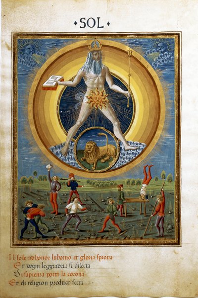 Sol med lejonets stjärntecken. Scener av mäns fysiska övningar. (miniatyr, ca 1470) av Cristoforo De Predis