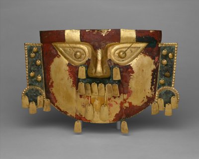 Peruansk begravningsmask, 900-1100 AD (guld, silver-kopparöverdrag, cinnober) av Culture Sicán