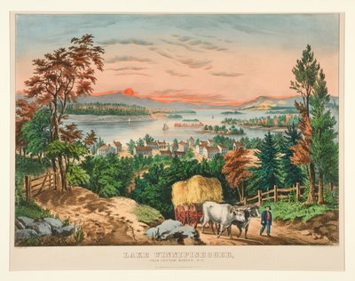 Lake Winnipiseogee, från Center Harbor, NH av Currier and Ives