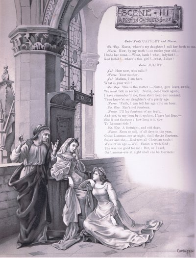 Ett rum i Capulets hus, illustration från Romeo och Julia, av Curtazzo Curtazzo