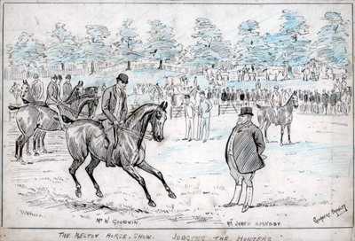 The Melton horse show, dömande jägarna, c1880-1940. av Cuthbert Bradley