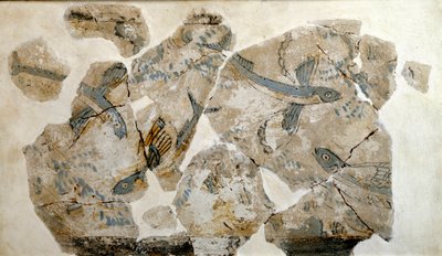 Kykladisk konst: fragment av fresk föreställande flygande fisk (havssvalor). från platsen för Phylakopi (ön Melos) 2500 f.Kr. Dim. 23 cm Aten, nationellt arkeologiskt museum - kykladisk konst: fragment av en fresk föreställande flygfiskar (tärnor), från si av Cycladic