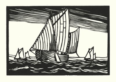 Fiskebåtar och pråmar: Brighton Hoggies (träsnitt) av Cyril A. Wilkinson