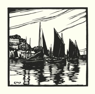 Fiskebåtar och pråmar: Cornish Drifters, Looe (träsnitt) av Cyril A. Wilkinson