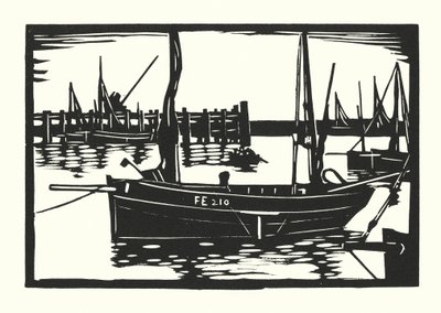 Fiskebåtar och pråmar: Folkestone Beam-Trawler (träsnitt) av Cyril A. Wilkinson