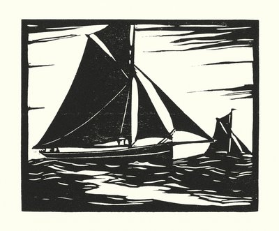Fiskebåtar och pråmar: Plymouth Long Boomer (träsnitt) av Cyril A. Wilkinson