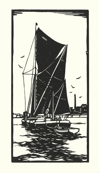 Fiskebåtar och pråmar: Thames Barge (träsnitt) av Cyril A. Wilkinson