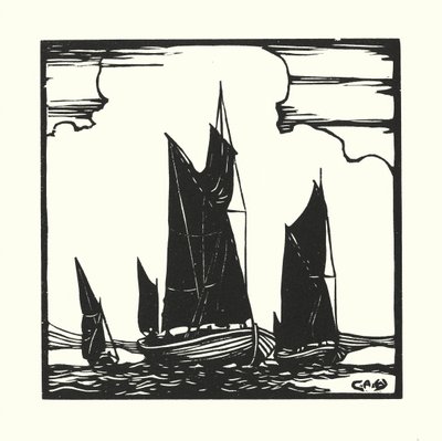 Fiskebåtar och pråmar: Thames Hatch Boats (träsnitt) av Cyril A. Wilkinson