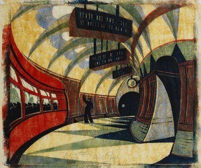 Tunnelbanestationen, ca 1932 (linosnitt tryckt i färger på vävnad Japan) av Cyril Edward Power