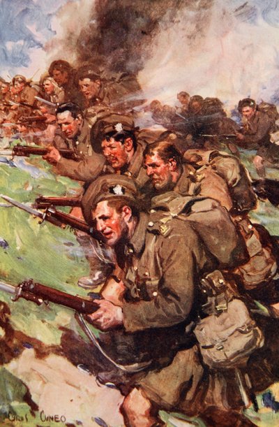 "A Thrilling Charge", illustration från "Told in the Huts: The YMCA Gift Book", publicerad 1916. av Cyrus Cuneo
