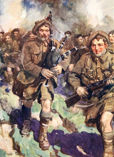 Gallant piper som leder laddningen (färg litho) av Cyrus Cuneo