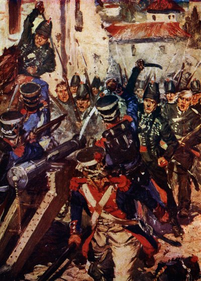 Gevärsbrigaden rensar en by (lito i färg) av Cyrus Cuneo