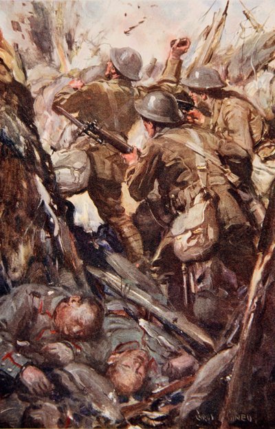 "De bombade och bajonetterade sig upp i fiendens skyttegrav", illustration från "Told in the Huts": The YMCA Gift Book", publicerad 1916. av Cyrus Cuneo