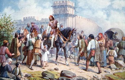 Karl IV hälsar vanliga människor under sin utbyggnad av Prags befästningar 1361, vykort från början av 1900-talet (färg litho) av Czech School