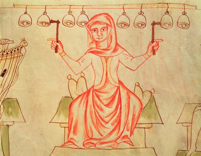 Mx XXIII C.124 Musiker som spelar klockor, från Velislav-bibeln, ca 1340 av Czech School