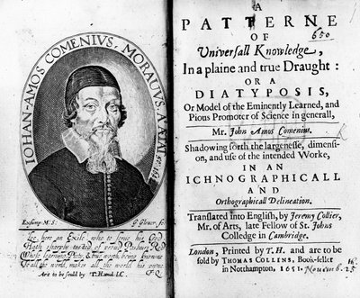 Titelblad och frontispice till A Patterne of Universall Knowledge, inklusive ett porträtt av Jan Amos Komensky, graverat av George Glover, 1651 av Czech School