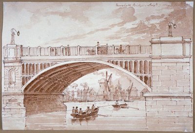 Utsikt över en liten båt som passerar under Vauxhall Bridge, London, 1820. av DHC