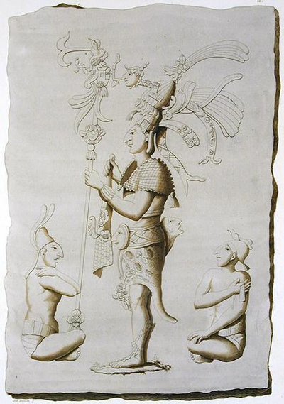 En kung, skulptur från palatset, Palenque, Chiapas, Mexiko (färggravyr) av D.K. (after) Bonatti