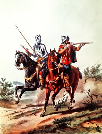 Franskt kavalleri beväpnat med hjullåspistoler (färg litho) av D. de (after) Noirmort