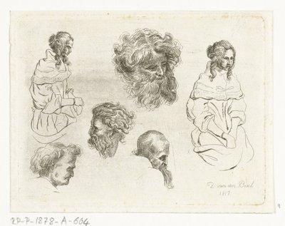 Studieblad med huvuden och kvinnokroppar av D. van den Bosch