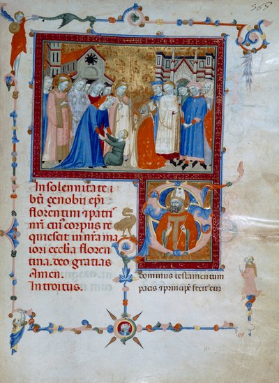 San Zanobi uppväcker en pojke från de döda (Codice Edili 107, ca 367), för ett romerskt missal av Daddesco Maestro