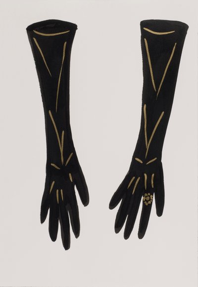Black Gloves, 2017 (svart indiafärg, med guldfärgad tuschpenna på papper) av Daisy de Villeneuve