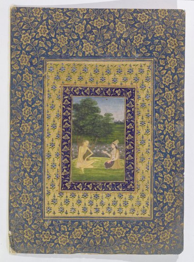 Layla Reading till Majnun, som sitter under ett träd vid en lotuspool, Delhi, ca 1720-40 av Dal Chand