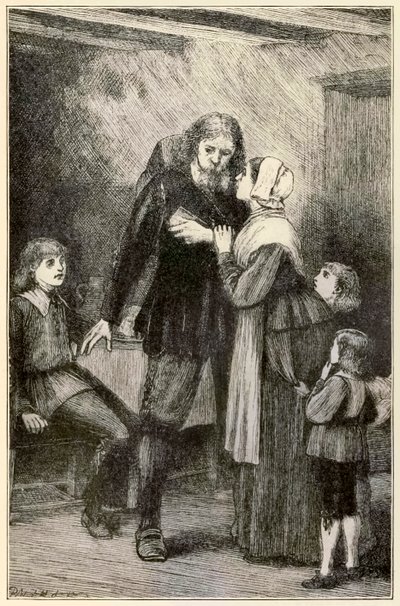 Christian anförtror sig till sin fru från The Pilgrims Progress From This World, To That What Is To Come av John Bunyan (1628-1688) illustration av Thomas Dalziel (1823-1906) Christian med den tunga bördan av Dalziel Brothers