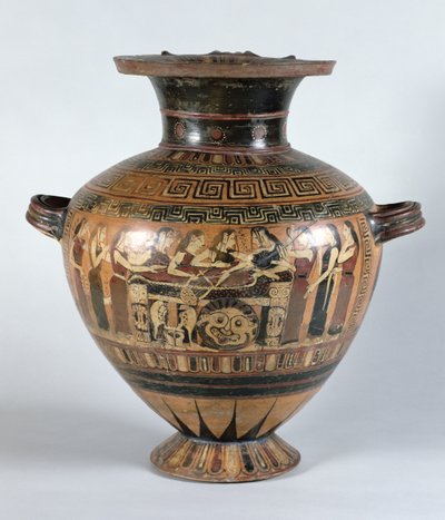 Svartfigur hydria som visar nereiderna som sörjer Achilles, ca 560-550 f.Kr. (keramik) av Damon Painter