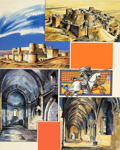 Slottet Le Krak Des Chevaliers i Syrien (gouache på papper) av Dan Escott