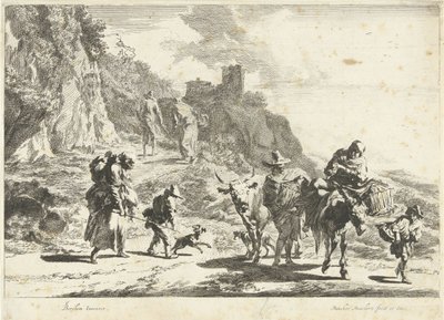 Kvinna på en packad åsna, man med ko och andra resenärer i bergslandskap Southern Landscapes (serietitel) av Dancker Danckerts