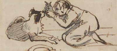 Ett barn som leker med en hund (penna, penna och brunt bläck på papper) av Daniel Maclise